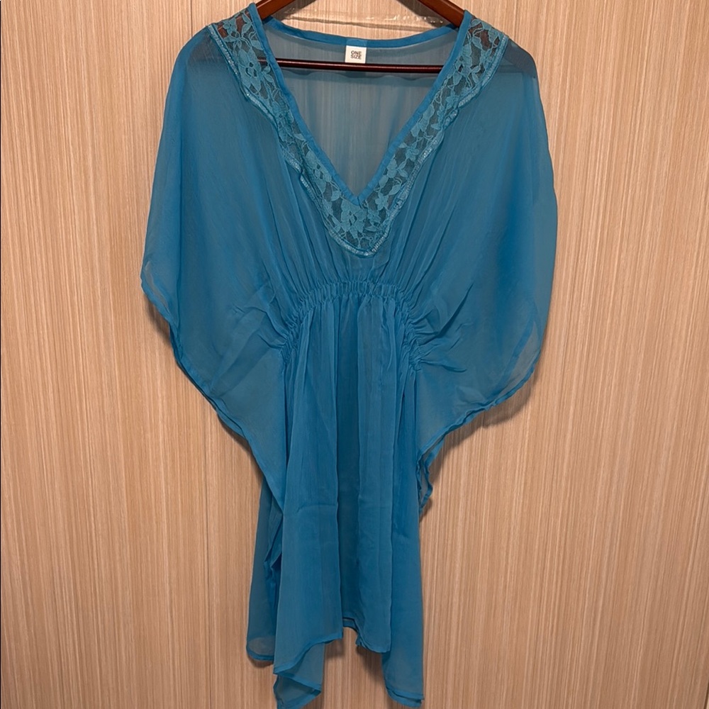 Blue Sheer V-Neck Bathing Suit Cover-Up